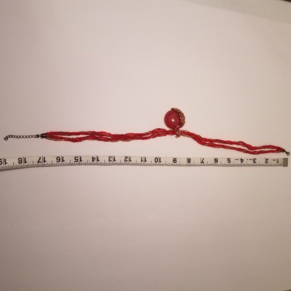 Red beaded necklace with rhinestone peacock charm - Picture 8 of 8